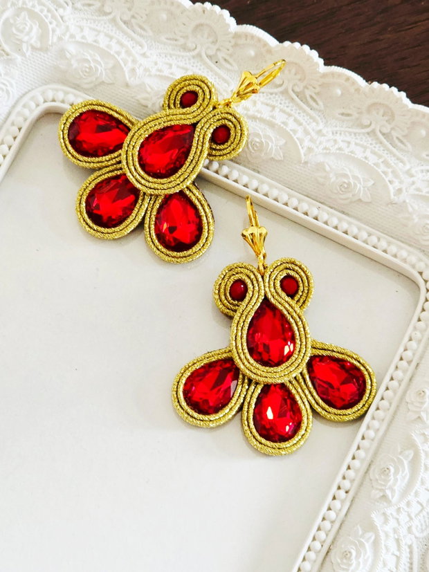 Cercei rosu cu auriu, Cercei soutache, Cercei cu cristale