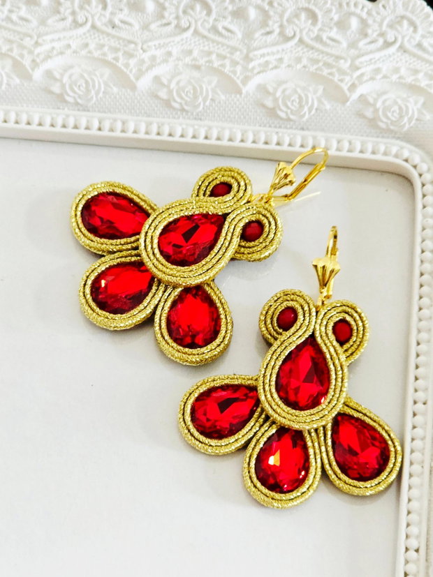 Cercei rosu cu auriu, Cercei soutache, Cercei cu cristale