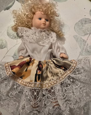Păpușă Miniatură Vintage Porțelan (Full Porțelan), Păr Blond, Rochie Dantelă, Stil German