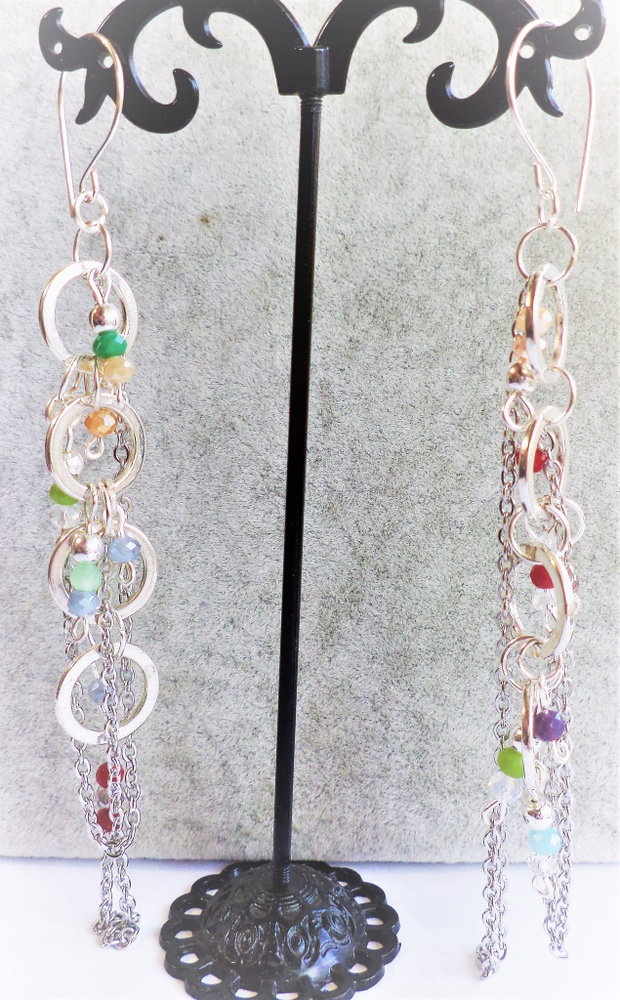Cercei zale metalice argintate,lantisor din inox si cristale fatetate multicolore