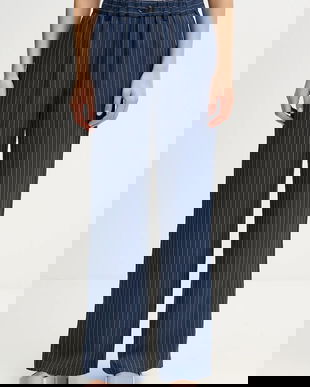 Sisley pantaloni culoarea bleumarin, drept, high waist, 4GNKLF07H