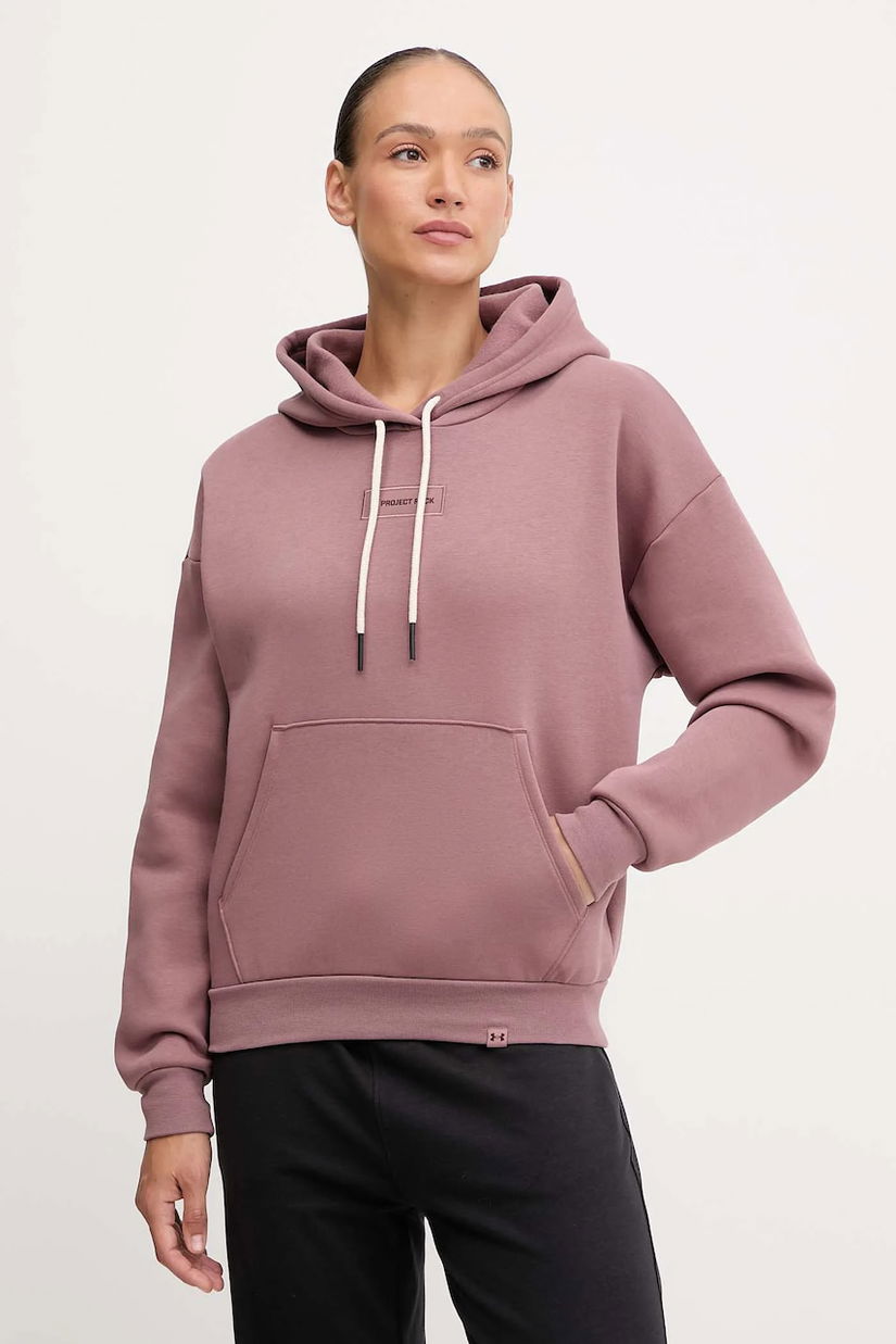 Under Armour bluză Project Rock culoarea maro, cu glugă, cu imprimeu, 6005087