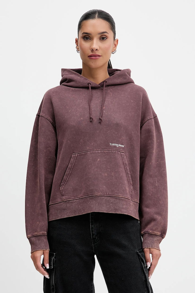 Tommy Jeans bluză culoarea maro, cu glugă, uni, DW0DW21609