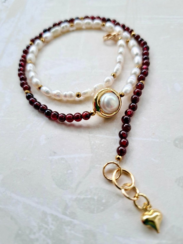 Colier CHOKER granat & perle albe de cultura