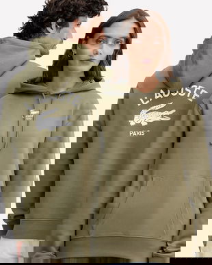 Lacoste hanorac de bumbac culoarea bleumarin, cu glugă, cu imprimeu, SH2740