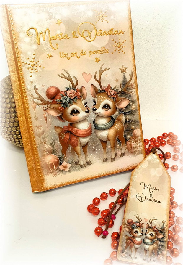 Agenda nedatata personalizata, format A5 si semn de carte, cadou secret santa, Craciun, cuplu reni