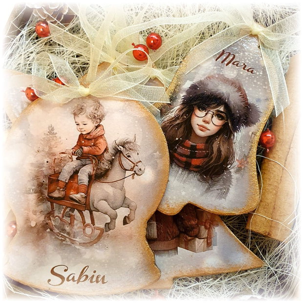 Set 4 decoratiuni in cutie din lemn, personalizata cu mesaj, tema Familie, cadou personalizat Craciun