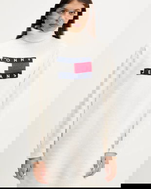 Tommy Jeans rochie din amestec de lână culoarea bej, mini, drept, DW0DW21908