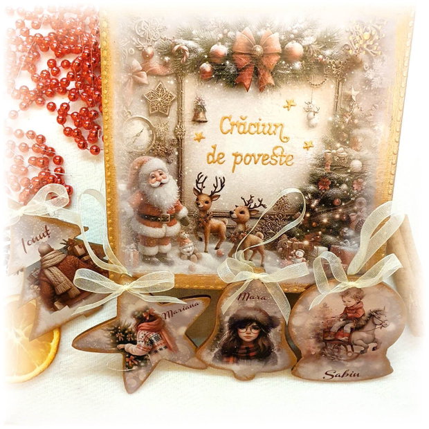 Set 4 decoratiuni in cutie din lemn, personalizata cu mesaj, tema Familie, cadou personalizat Craciun
