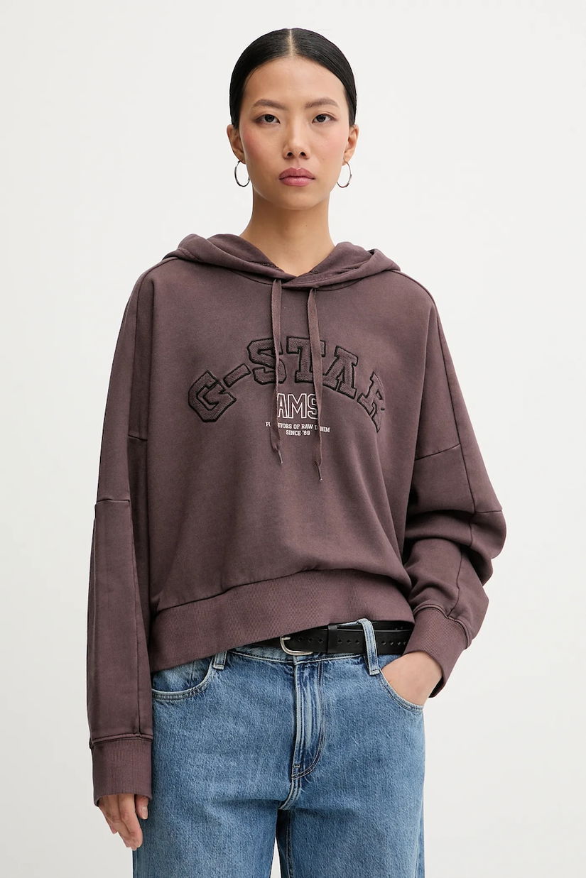 G-Star hanorac de bumbac culoarea maro, cu glugă, cu imprimeu, D27266-D969