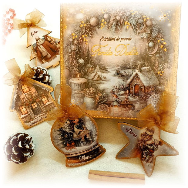 Set 4 decoratiuni in cutie din lemn, personalizata cu mesaj, tema Familie, cadou personalizat Craciun