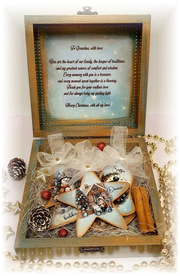 Set 4 decoratiuni in cutie din lemn, personalizata cu mesaj, tema Vintage, cadou personalizat Craciun
