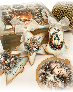 Set 4 decoratiuni in cutie din lemn, personalizata cu mesaj, tema Vintage, cadou personalizat Craciun