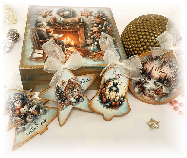 Set 4 decoratiuni in cutie din lemn, personalizata cu mesaj, tema Vintage, cadou personalizat Craciun