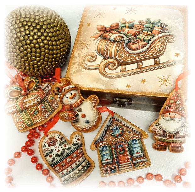 Set 5 decoratiuni in cutie din lemn, personalizata cu mesaj, tema Turta dulce, cadou personalizat Craciun