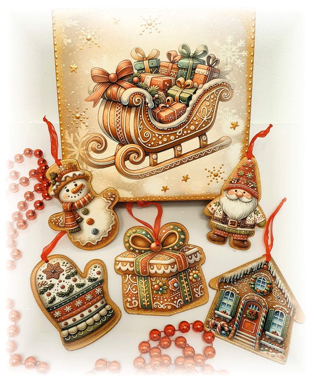 Set 5 decoratiuni in cutie din lemn, personalizata cu mesaj, tema Turta dulce, cadou personalizat Craciun