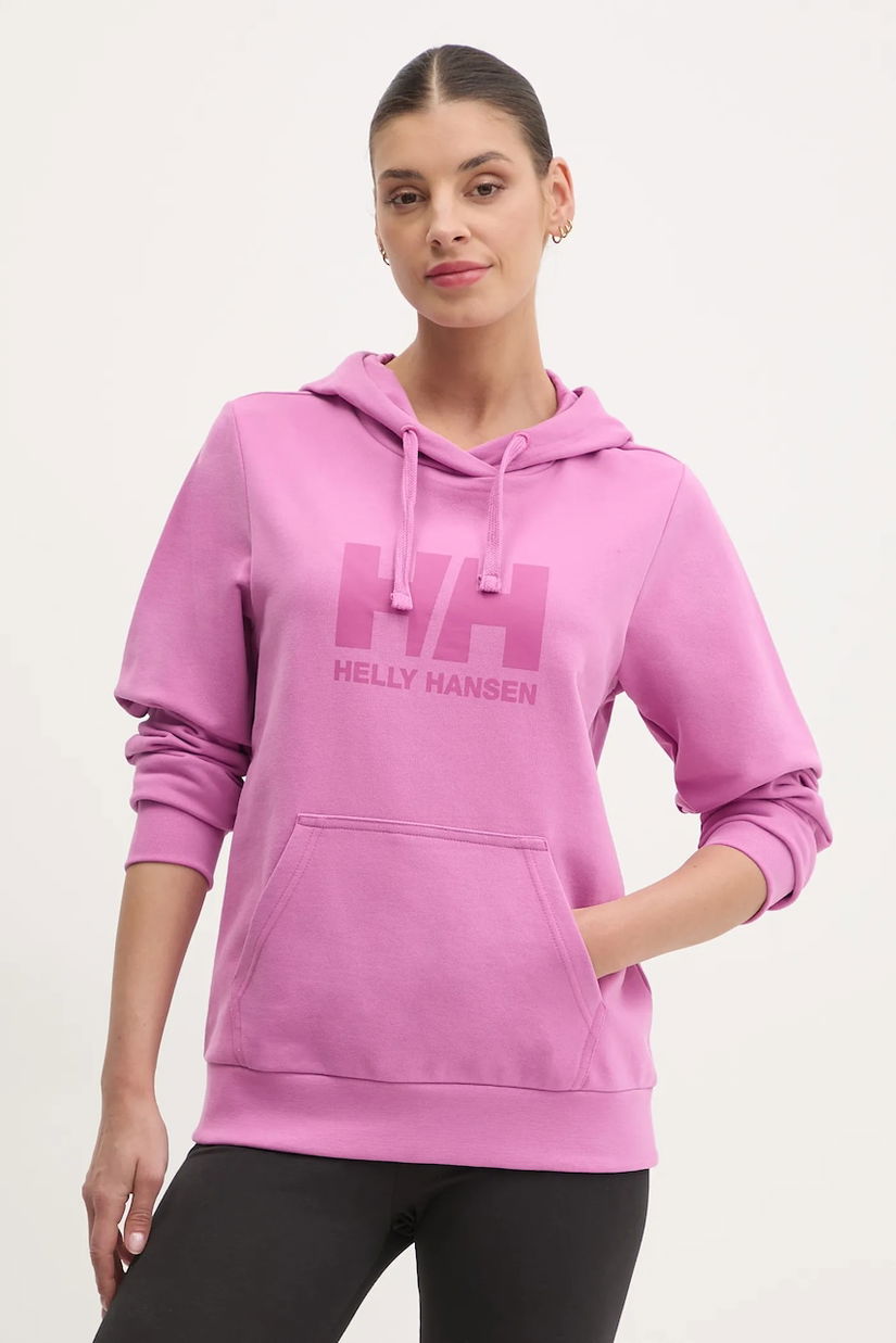 Helly Hansen hanorac de bumbac HH LOGO 2.0 femei, culoarea violet, cu glugă, cu imprimeu, 34460