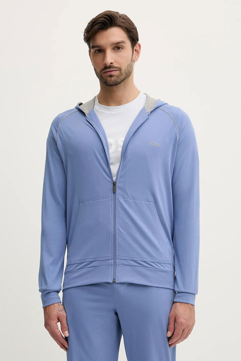 BOSS bluză lounge culoarea albastru marin, cu glugă, neted