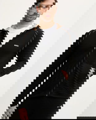 BOSS bluză lounge culoarea albastru marin, cu glugă, neted