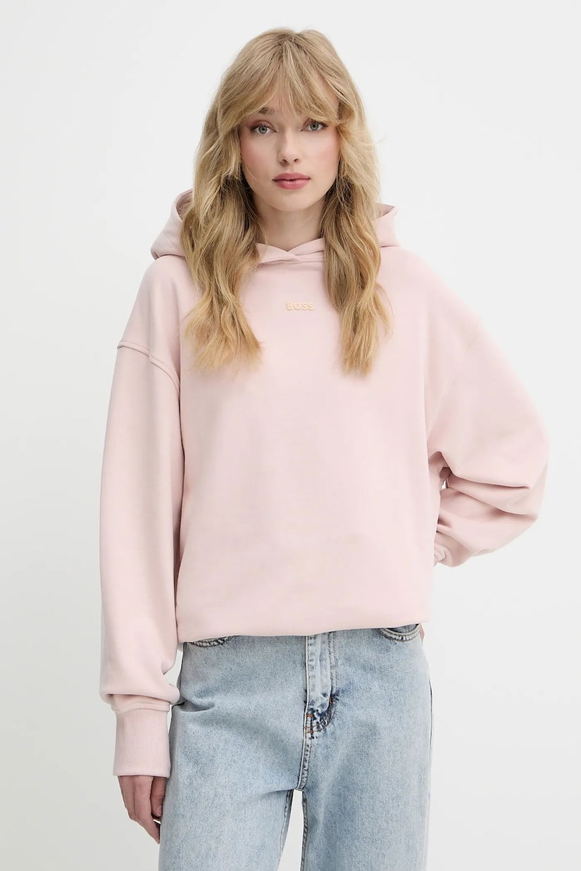 BOSS Orange hanorac de bumbac femei, culoarea roz, cu glugă, cu imprimeu, 50534815