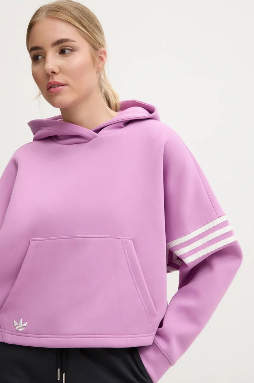 adidas Originals bluză Neuclassicscl Hoodie femei, culoarea violet, cu glugă, cu imprimeu, IW5614