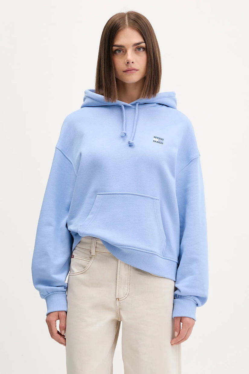 Tommy Jeans hanorac de bumbac culoarea bej, cu glugă, cu imprimeu, DW0DW19414