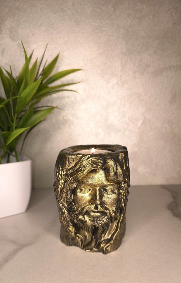 Suport lumânare sculptural  chip în stil iconografic, patinare aur (lucrat manual)