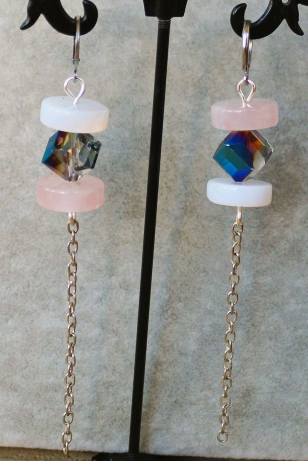 Cercei handmade cu cristale si rondele din cuartz roz si opalit