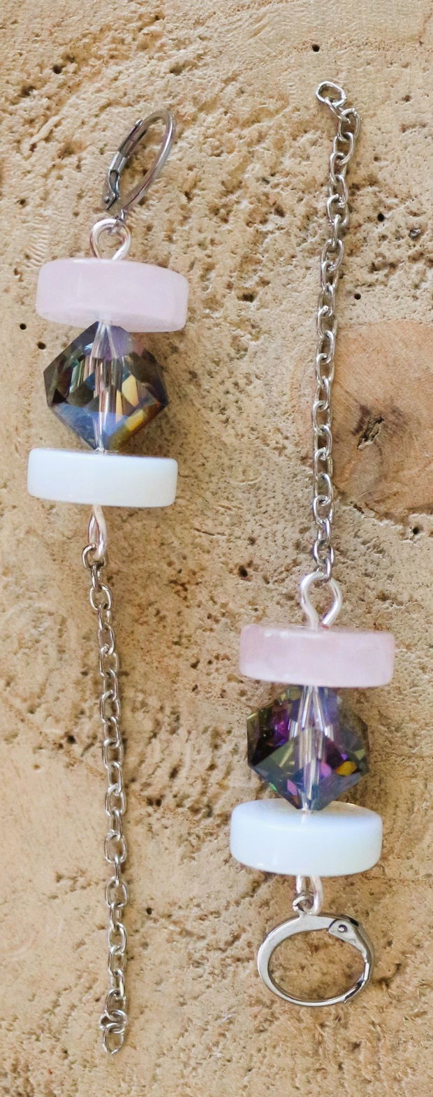 Cercei handmade cu cristale si rondele din cuartz roz si opalit