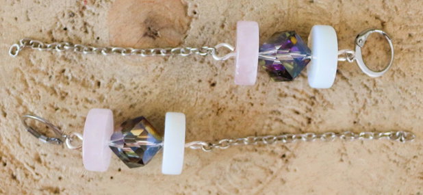 Cercei handmade cu cristale si rondele din cuartz roz si opalit