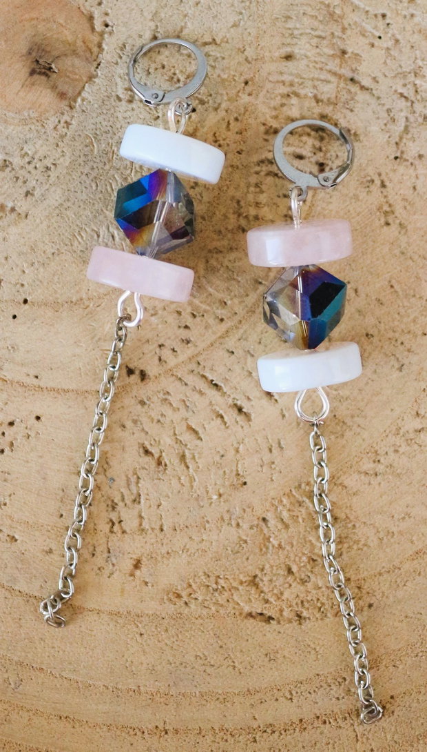 Cercei handmade cu cristale si rondele din cuartz roz si opalit