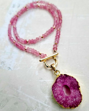 Colier agate roz & pandantiv druzy