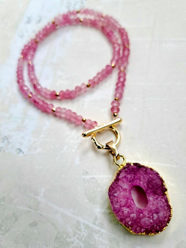 Colier agate roz & pandantiv druzy