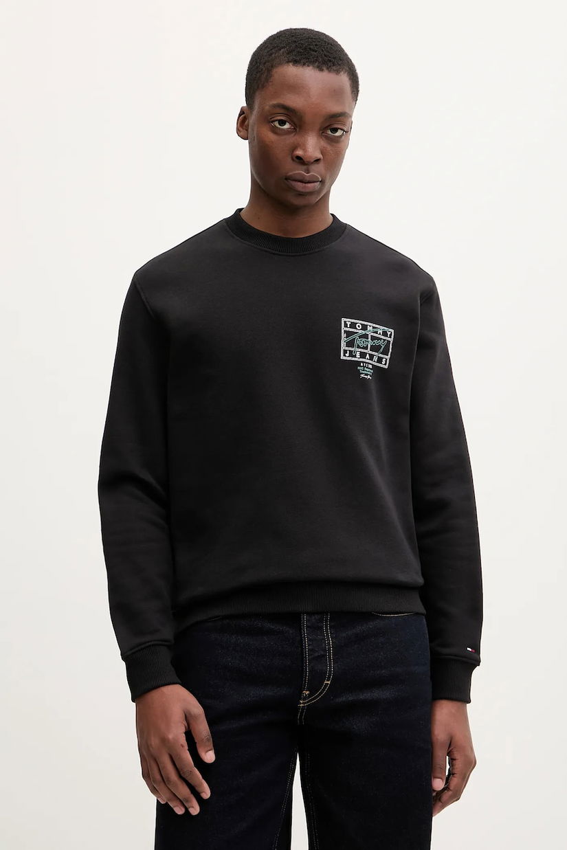 Tommy Jeans hanorac de bumbac culoarea negru, cu imprimeu, DM0DM22366