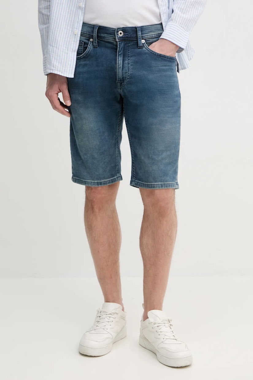 Pepe Jeans pantaloni scurti jeans SLIM GYMDIGO SHORT TRACK barbati, culoarea albastru marin, PM801075UI5