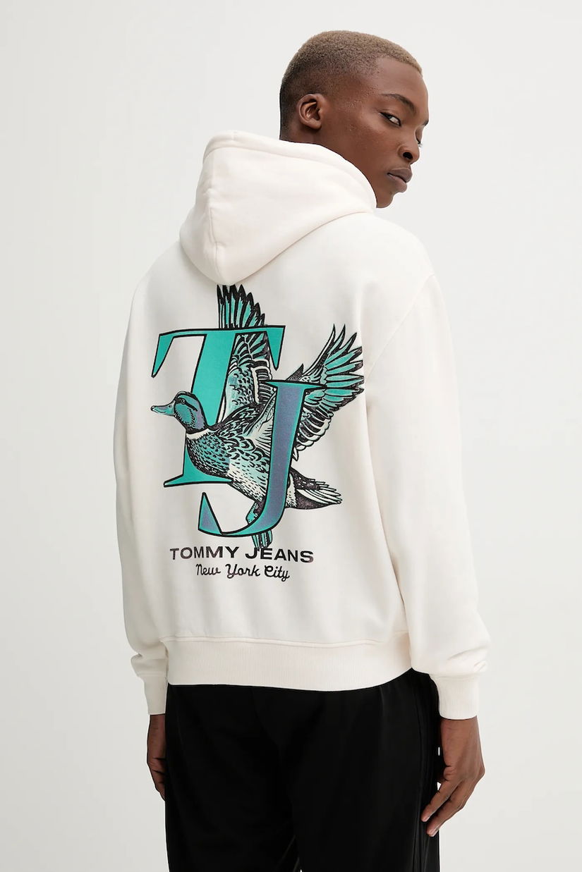 Tommy Jeans bluză culoarea bej, cu glugă, cu imprimeu, DM0DM22088