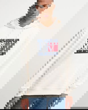 Tommy Jeans hanorac de bumbac culoarea bej, cu glugă, cu imprimeu, DM0DM22092