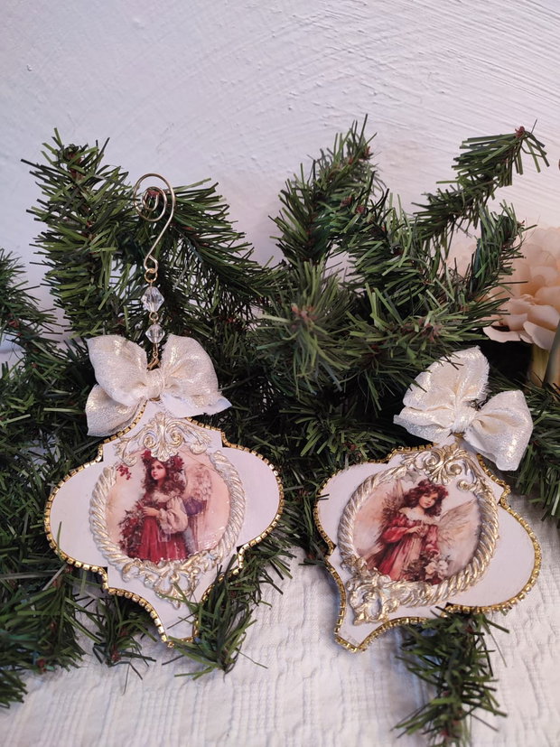 Poveste în ramuri -set 2 decoratiuni handmade cu aripi de înger și domnita de epoca, lumină și nostalgie