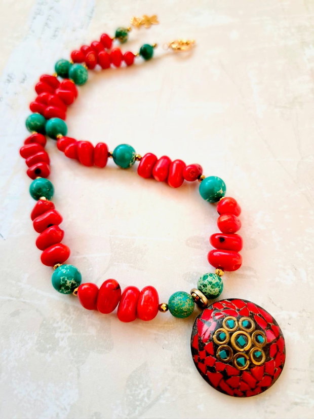 Colier Nepalez coral rosu & regalit turcoaz