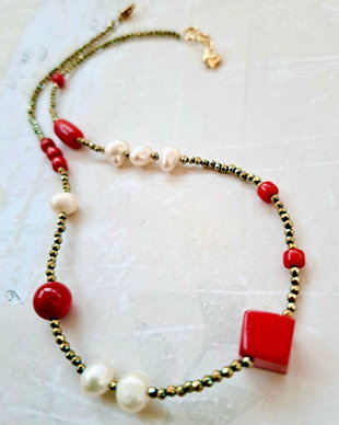 Colier CHOKER hematite, coral rosu & perle de cultura