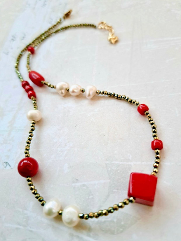 Colier CHOKER hematite, coral rosu & perle de cultura