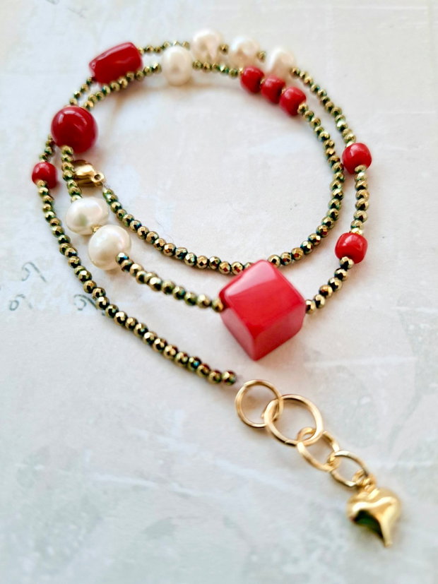 Colier CHOKER hematite, coral rosu & perle de cultura