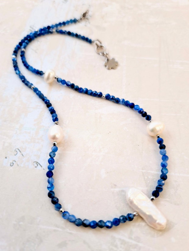 Colier CHOKER Kianit / kyanit & perle albe de cultura