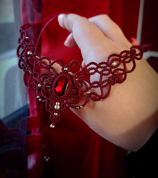 Colier Godess Micromacrame Swarovski Roșu Burgundy