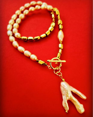 Colier hematite aurii, perle de cultura rose & perla Biwa