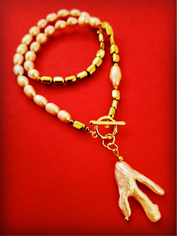 Colier hematite aurii, perle de cultura rose & perla Biwa