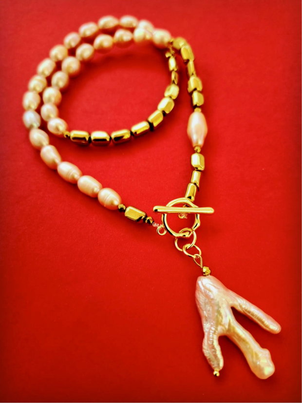 Colier hematite aurii, perle de cultura rose & perla Biwa