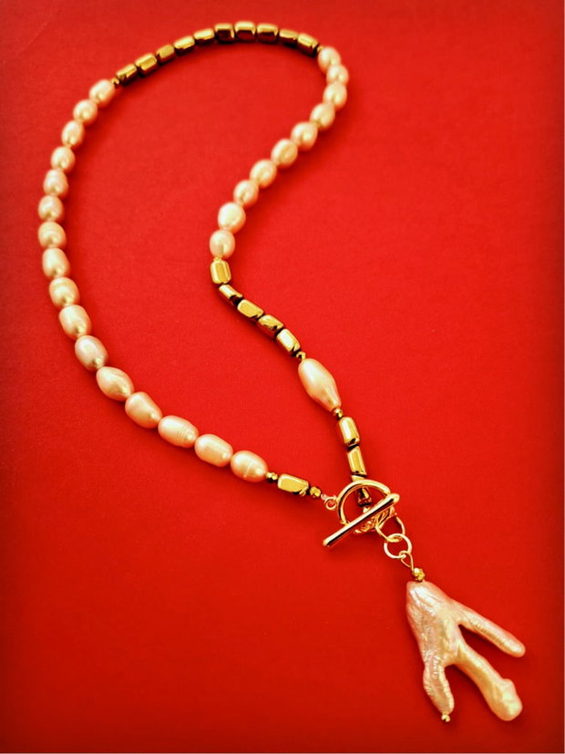 Colier hematite aurii, perle de cultura rose & perla Biwa