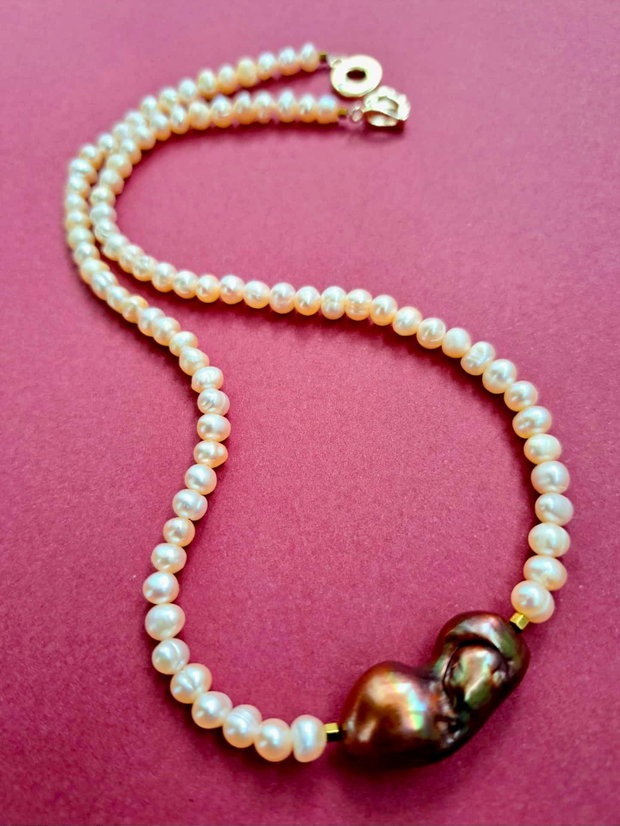 Colier CHOKER perle de cultura crem cais & perla Baroc