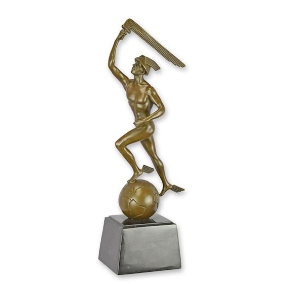 Mercur-statueta Art Deco din bronz pe un soclu din marmura